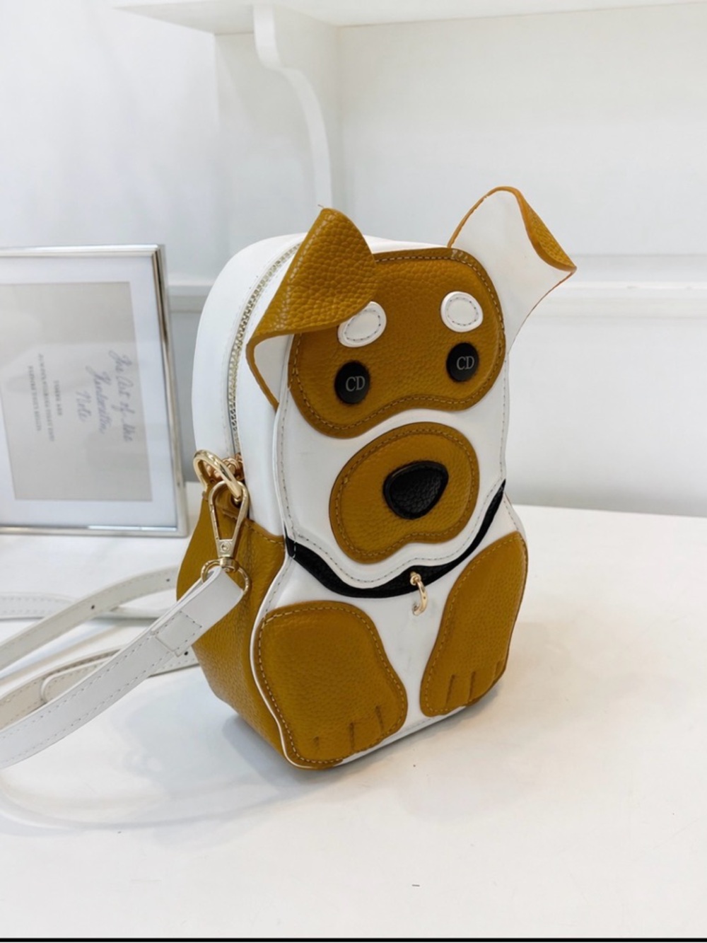 Dog-Shaped Crossbody Bag in White and Mustard